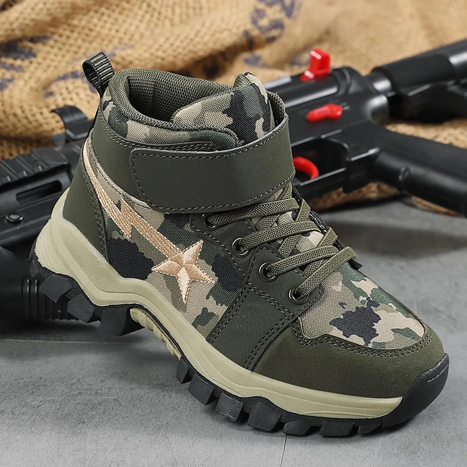 FLIOZY Kids Camo Waterproof Hiking Boots with Breathable Mesh or Plush Lining Anti-Slip Sole Easy Hook-and-Loop Closure Durable Low-Top Adventure Shoes for Boys