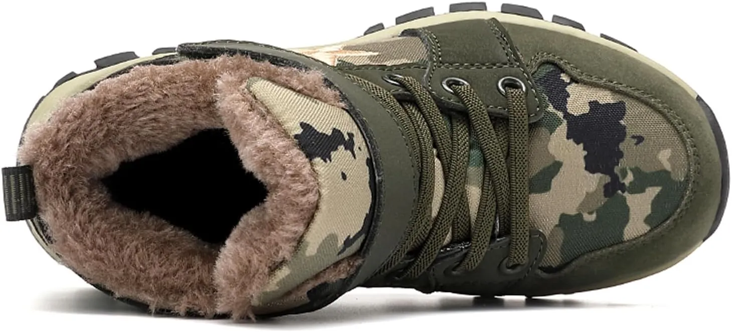 FLIOZY Kids Camo Waterproof Hiking Boots with Breathable Mesh or Plush Lining Anti-Slip Sole Easy Hook-and-Loop Closure Durable Low-Top Adventure Shoes for Boys