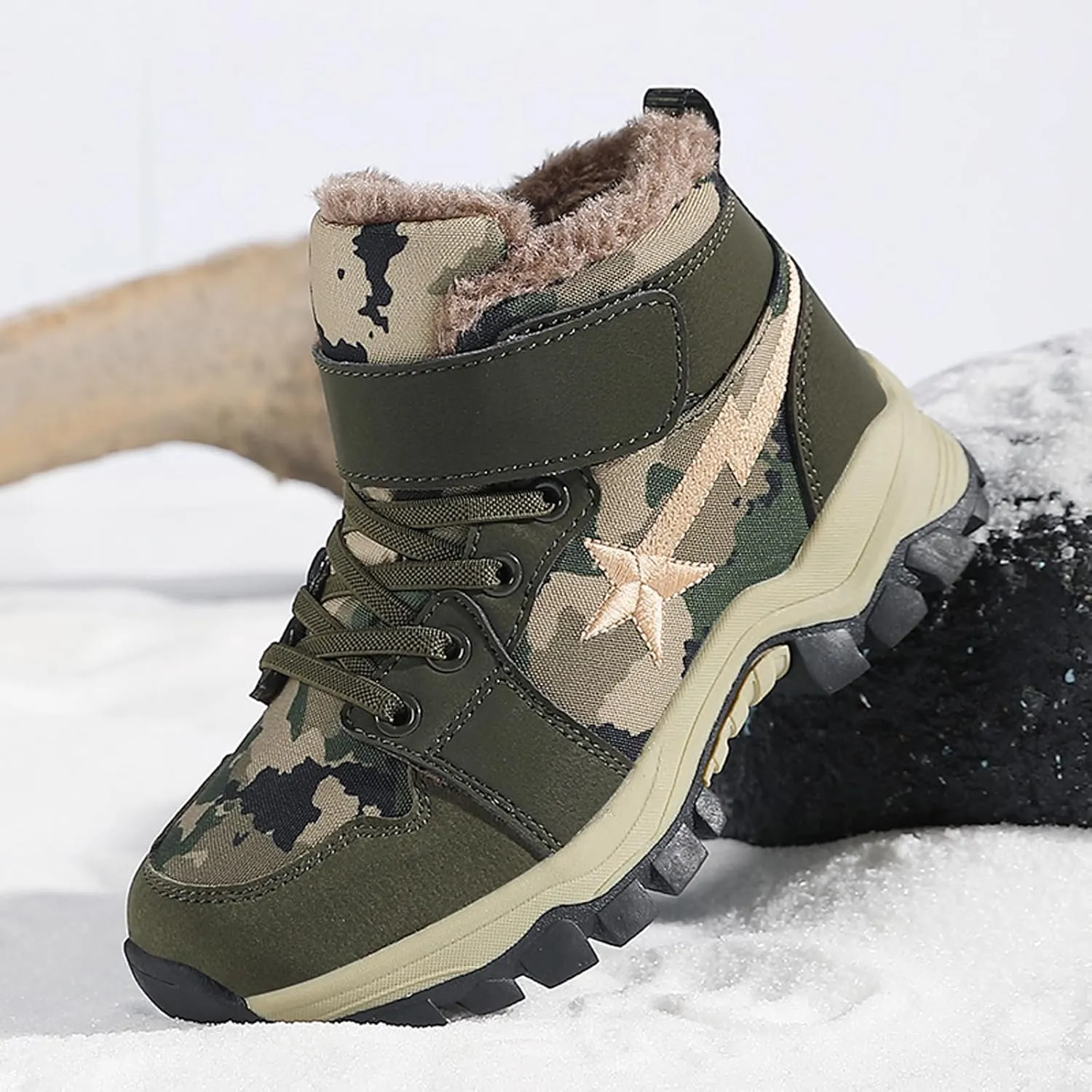 FLIOZY Kids Camo Waterproof Hiking Boots with Breathable Mesh or Plush Lining Anti-Slip Sole Easy Hook-and-Loop Closure Durable Low-Top Adventure Shoes for Boys