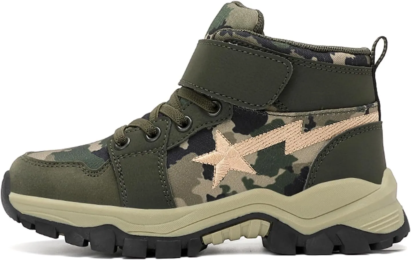 FLIOZY Kids Camo Waterproof Hiking Boots with Breathable Mesh or Plush Lining Anti-Slip Sole Easy Hook-and-Loop Closure Durable Low-Top Adventure Shoes for Boys