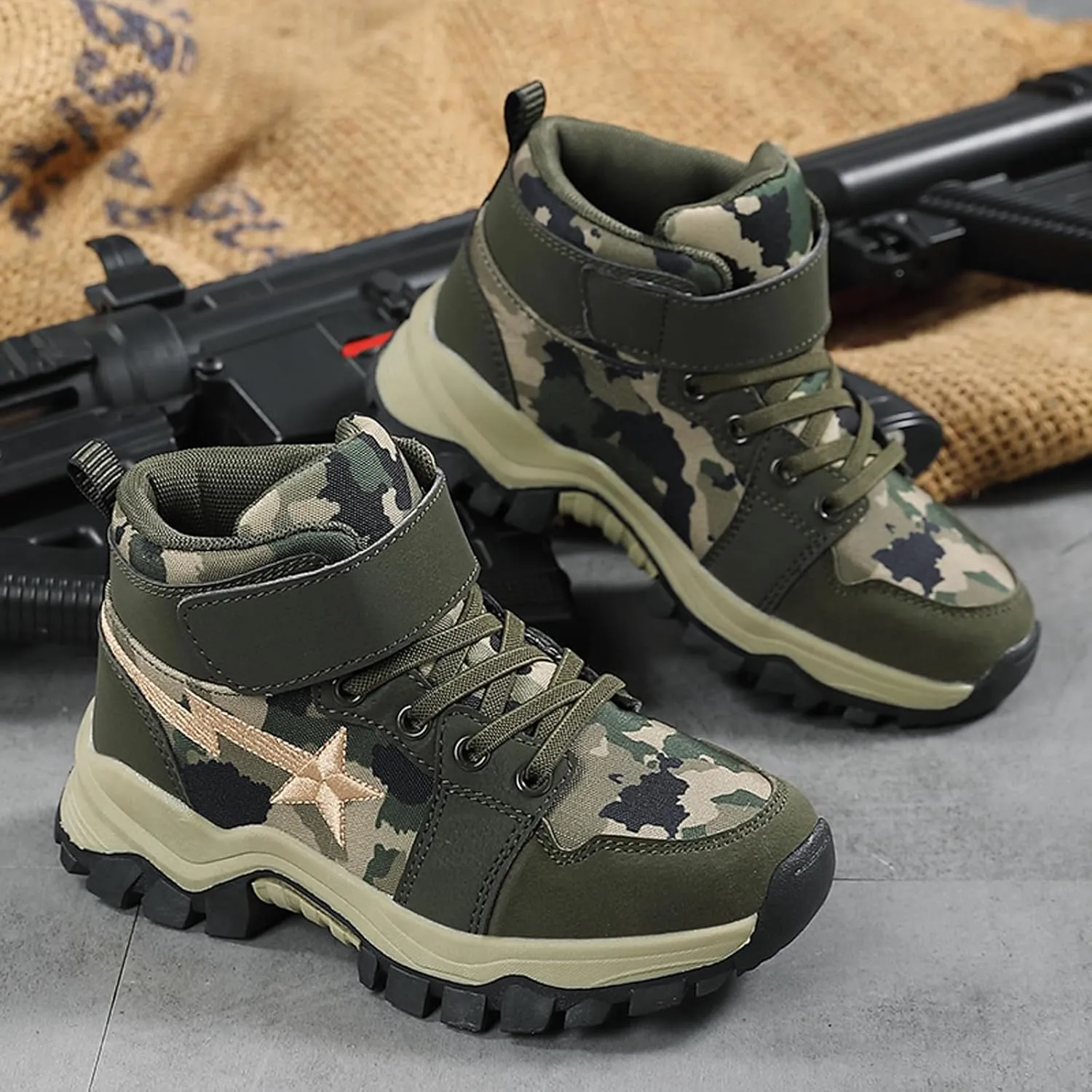 FLIOZY Kids Camo Waterproof Hiking Boots with Breathable Mesh or Plush Lining Anti-Slip Sole Easy Hook-and-Loop Closure Durable Low-Top Adventure Shoes for Boys