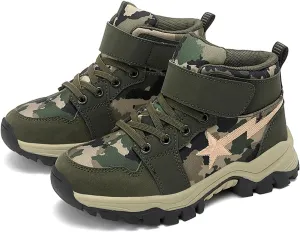 FLIOZY Kids Camo Waterproof Hiking Boots with Breathable Mesh or Plush Lining Anti-Slip Sole Easy Hook-and-Loop Closure Durable Low-Top Adventure Shoes for Boys