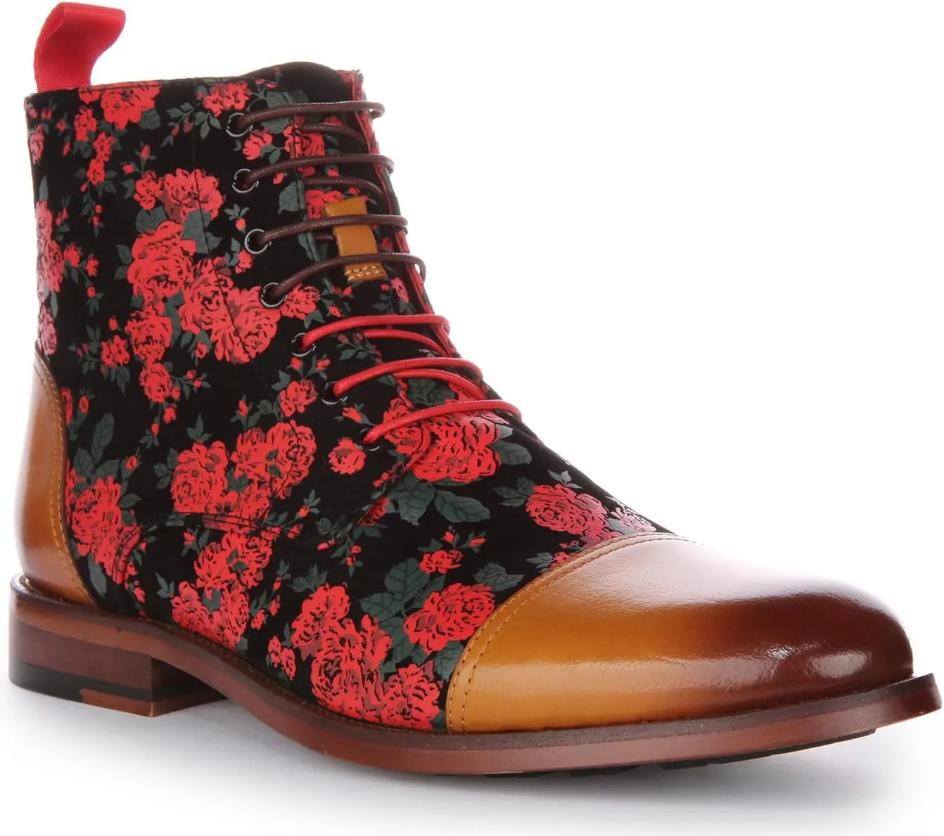 George Men's Lace Up Leather Oxford Toe Floral Print Ankle Boots
