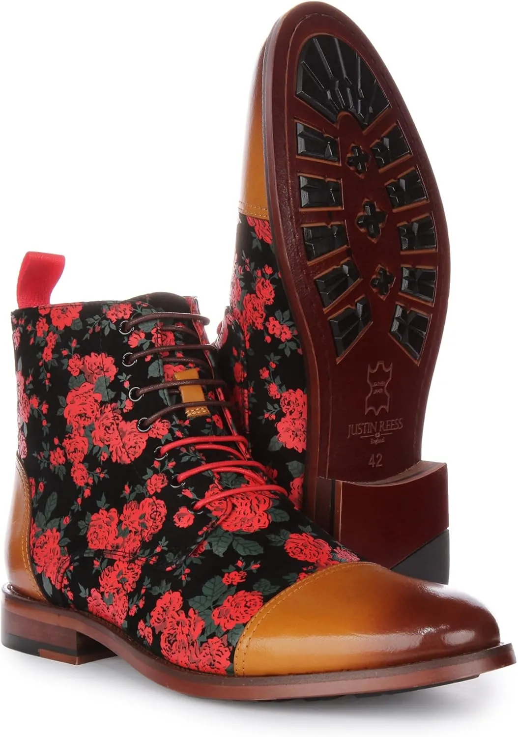 George Men's Lace Up Leather Oxford Toe Floral Print Ankle Boots