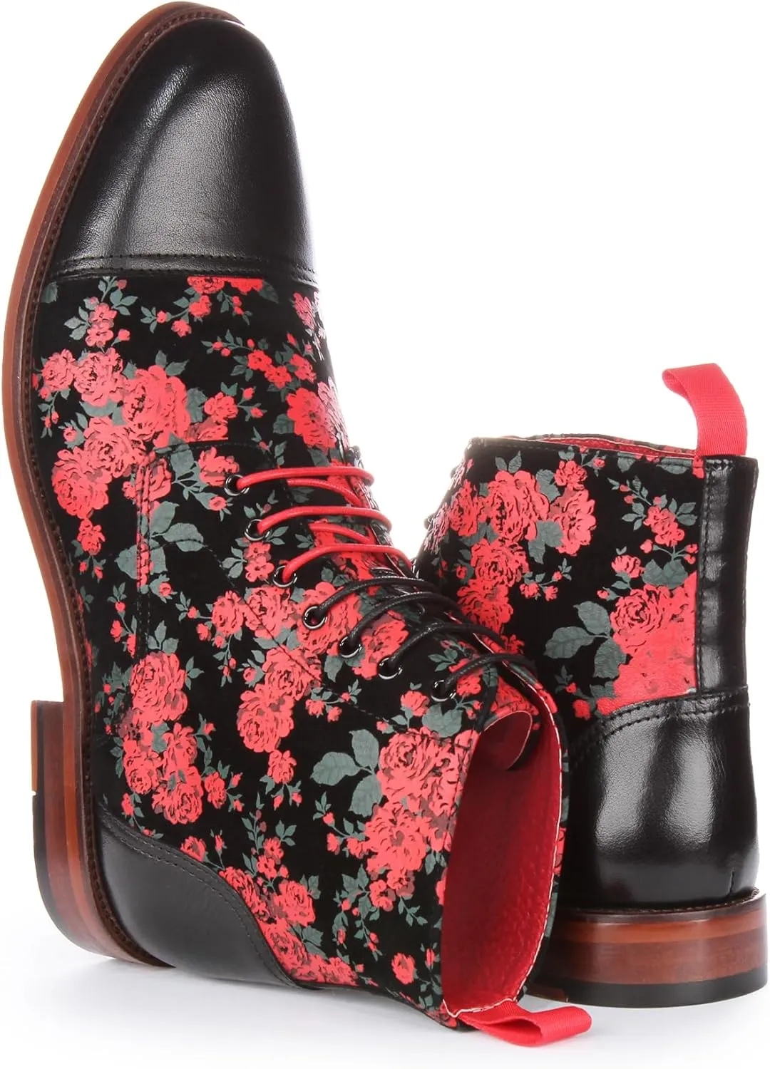 George Men's Lace Up Leather Oxford Toe Floral Print Ankle Boots