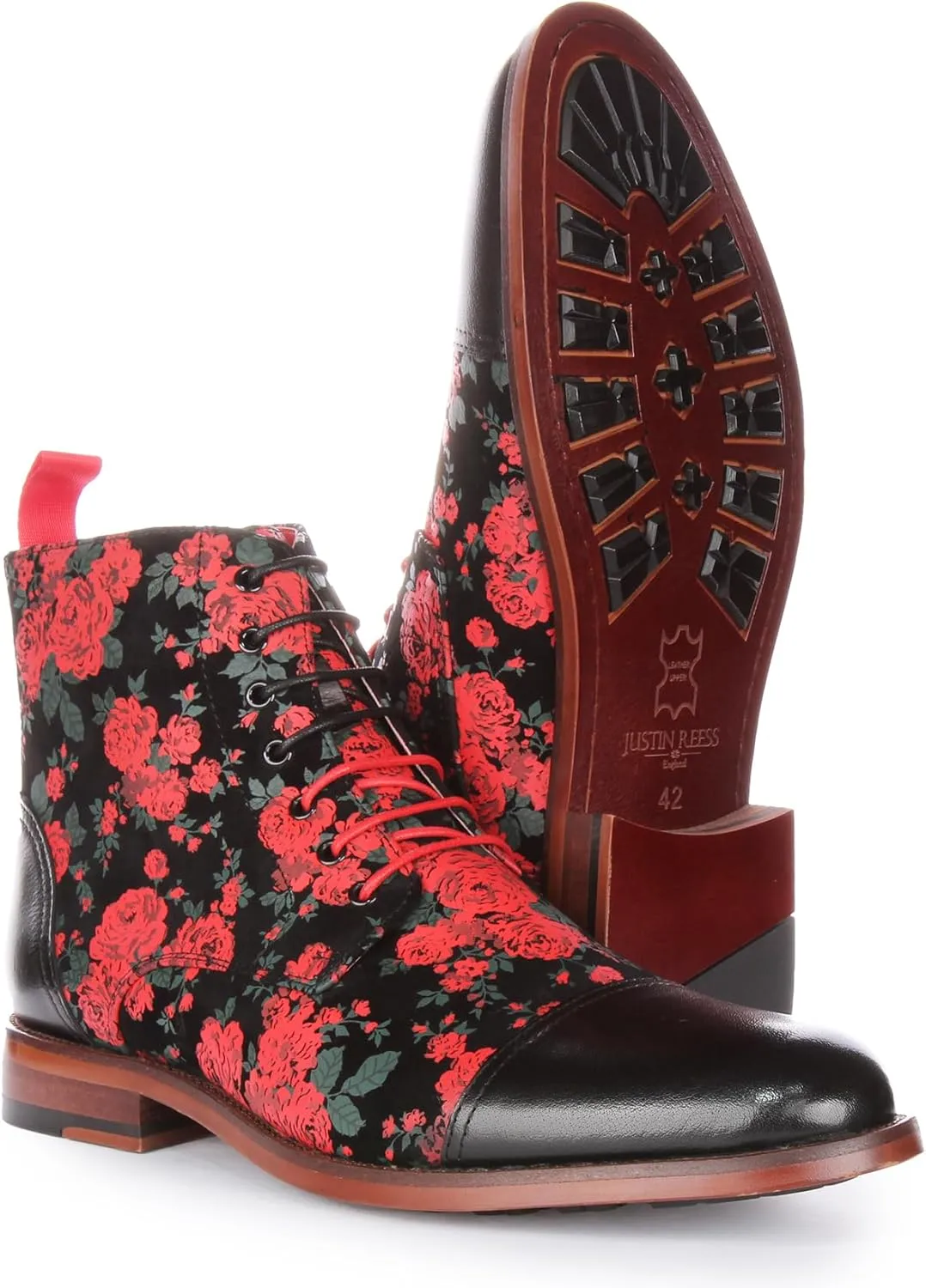 George Men's Lace Up Leather Oxford Toe Floral Print Ankle Boots