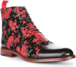 George Men's Lace Up Leather Oxford Toe Floral Print Ankle Boots