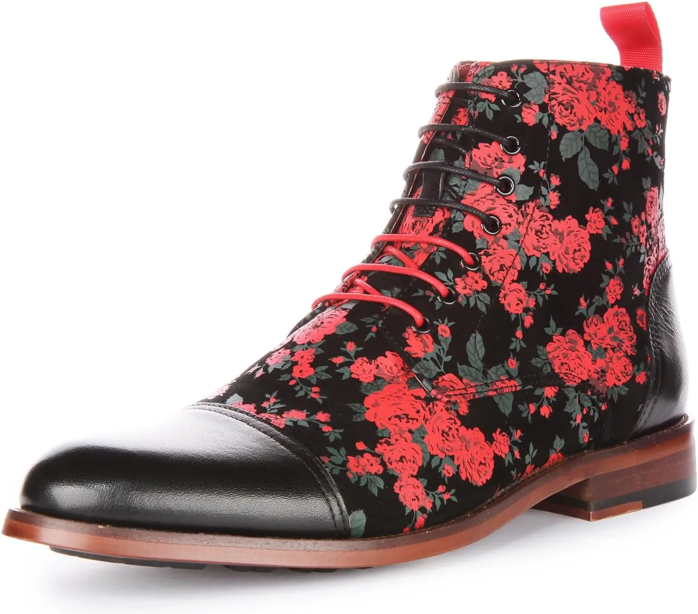 George Men's Lace Up Leather Oxford Toe Floral Print Ankle Boots