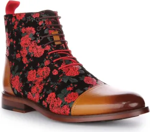 George Men's Lace Up Leather Oxford Toe Floral Print Ankle Boots