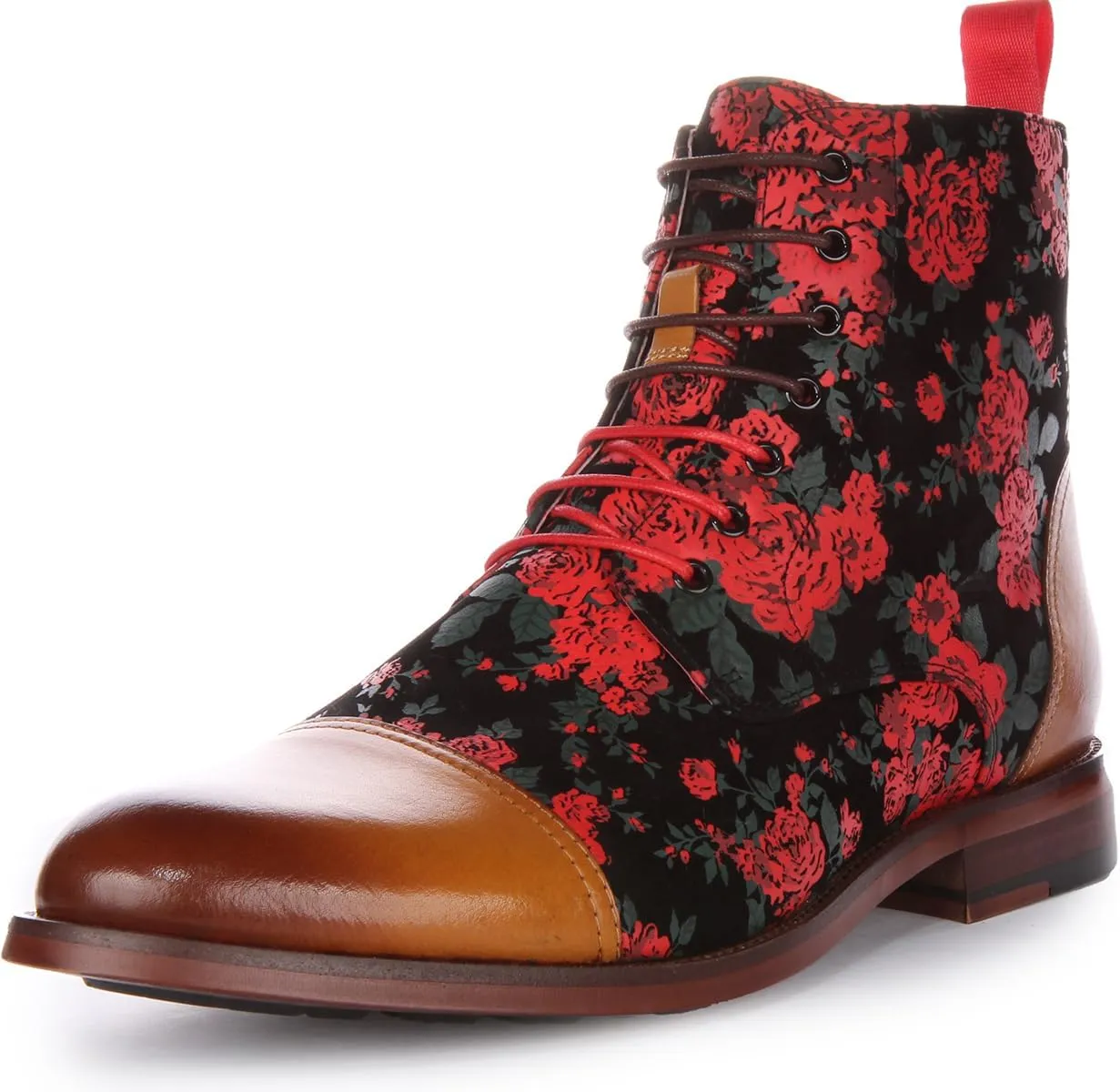 George Men's Lace Up Leather Oxford Toe Floral Print Ankle Boots