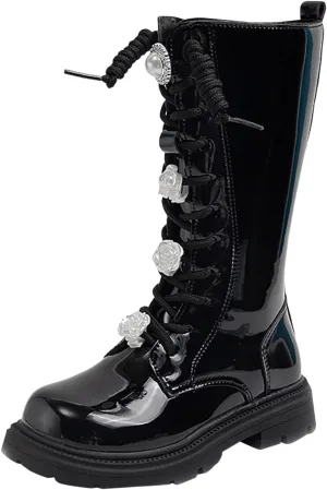 Girls Winter Boots Floral Lace up Combat Boots Leather Waterproof Side Zipper Mid Calf Cowgirl Riding Boots