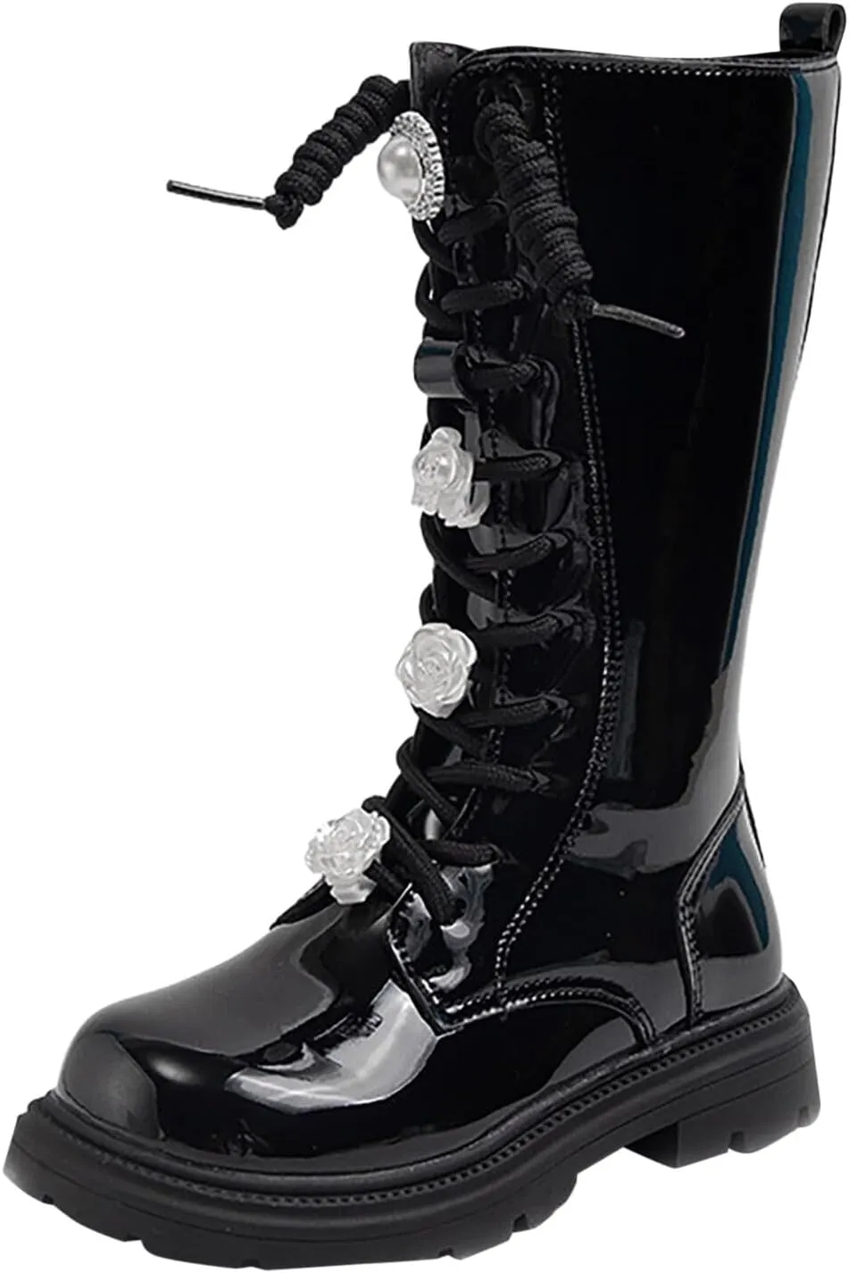 Girls Winter Boots Floral Lace up Combat Boots Leather Waterproof Side Zipper Mid Calf Cowgirl Riding Boots