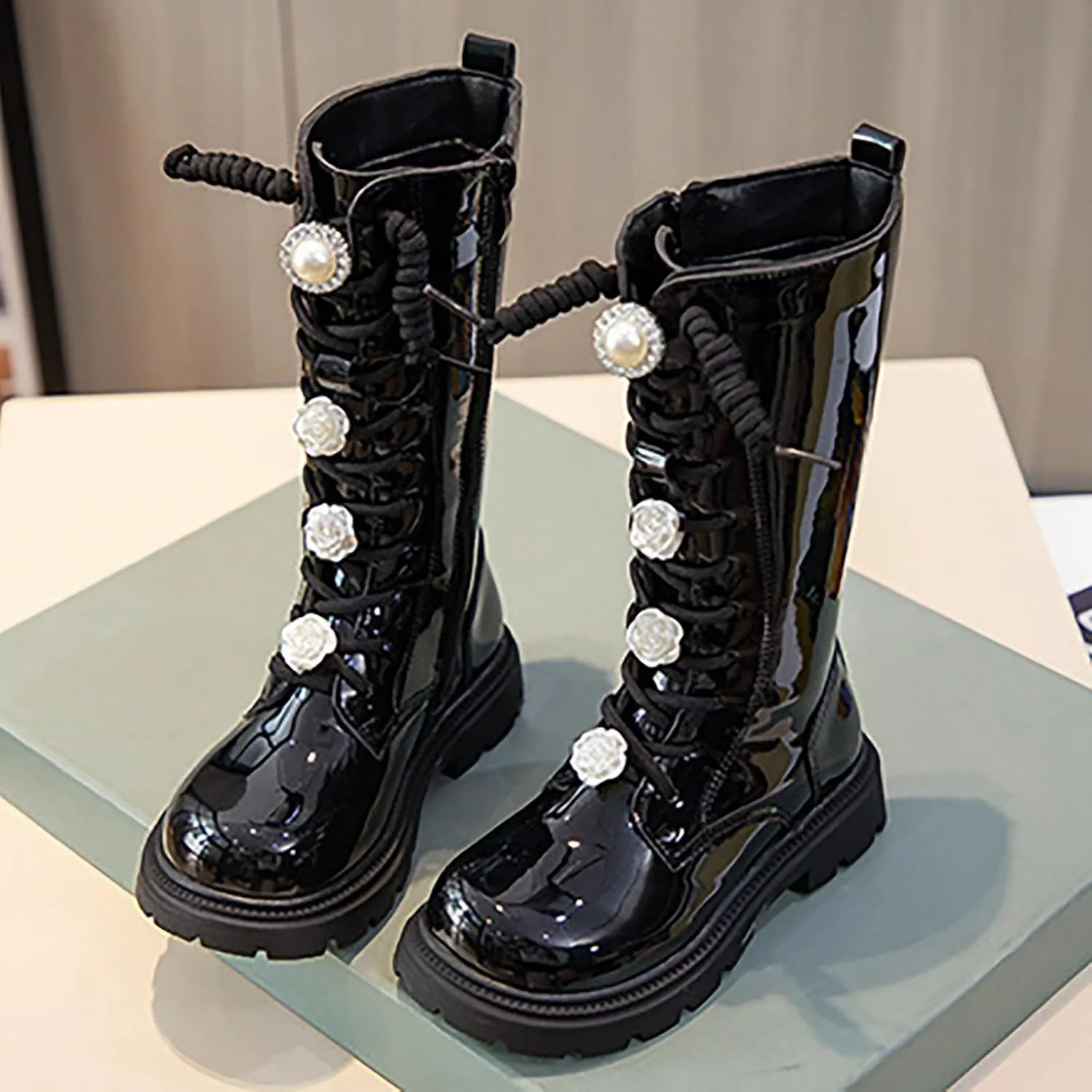 Girls Winter Boots Floral Lace up Combat Boots Leather Waterproof Side Zipper Mid Calf Cowgirl Riding Boots