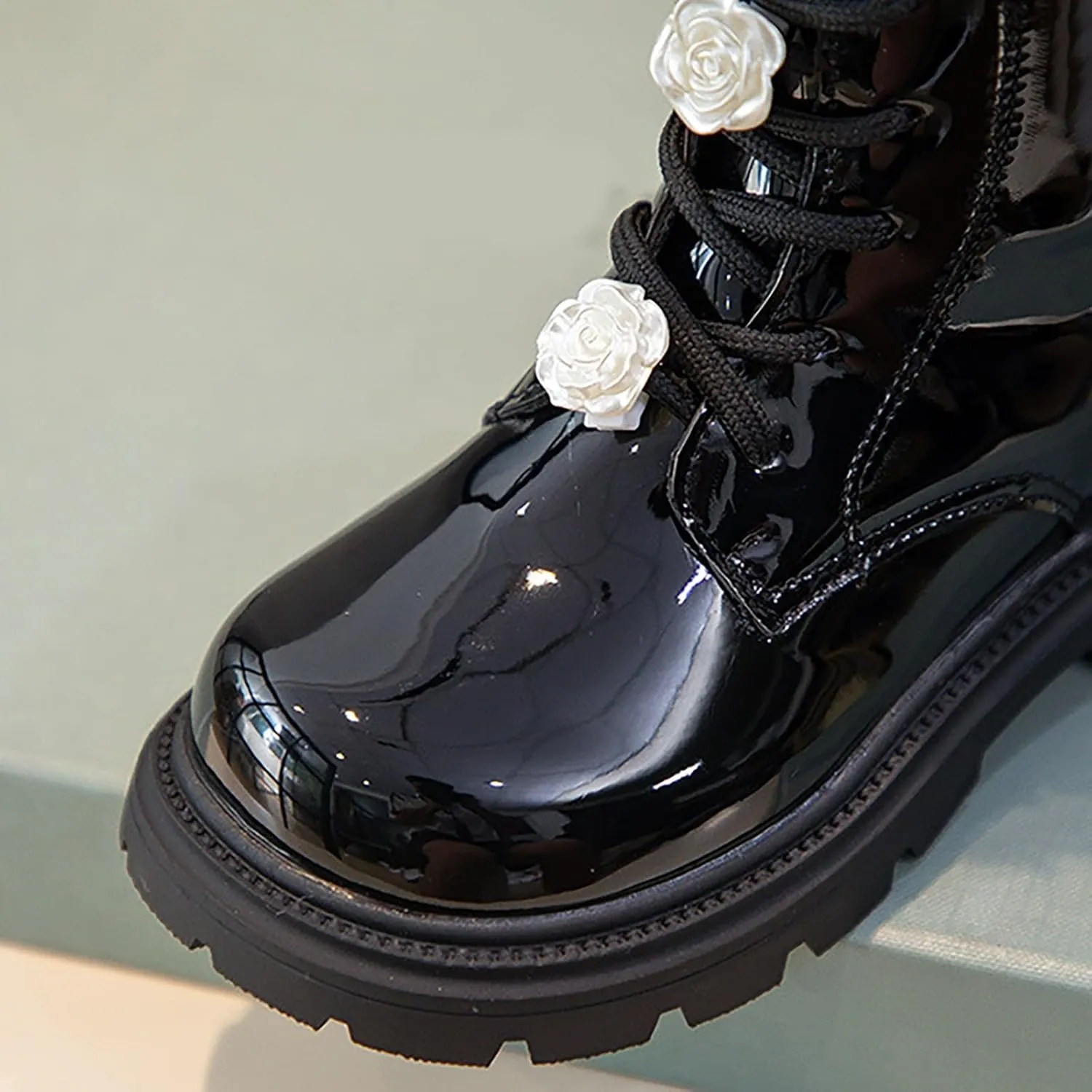 Girls Winter Boots Floral Lace up Combat Boots Leather Waterproof Side Zipper Mid Calf Cowgirl Riding Boots