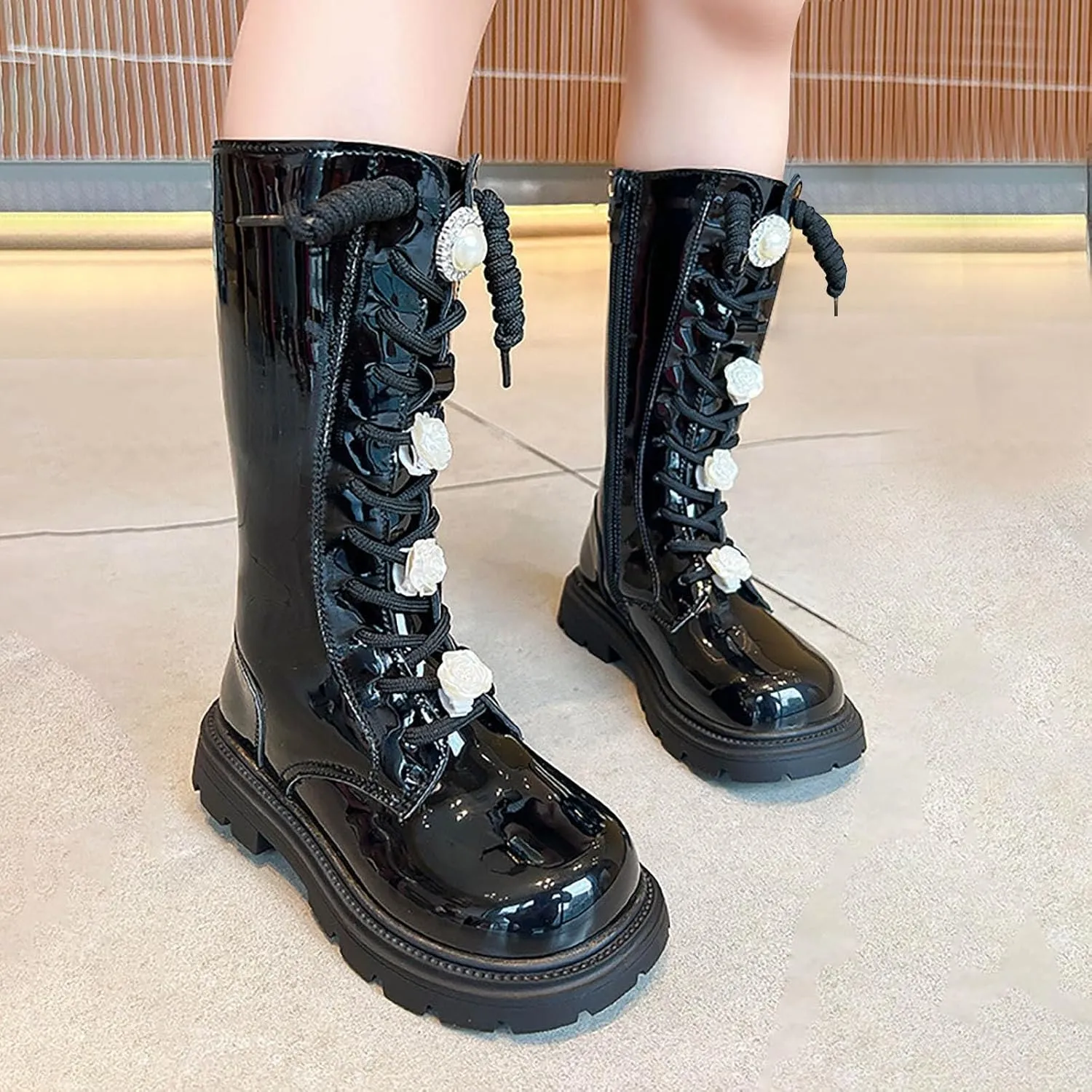 Girls Winter Boots Floral Lace up Combat Boots Leather Waterproof Side Zipper Mid Calf Cowgirl Riding Boots