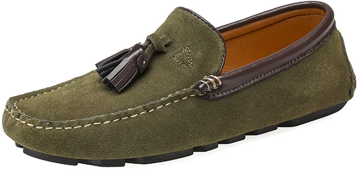 HOOENG Driving Moccasins Smoking Loafer for Men Tassel Suede Vamp Genuine Leather Round Toe Comfortable Flexible Resistant Soft Casual Slip on