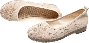 JYHBHMZG Soft Jacquard Cotton Embroidered Women Slip On Ballet Flats Comfortable Casual Platform Shoes Gray Beige