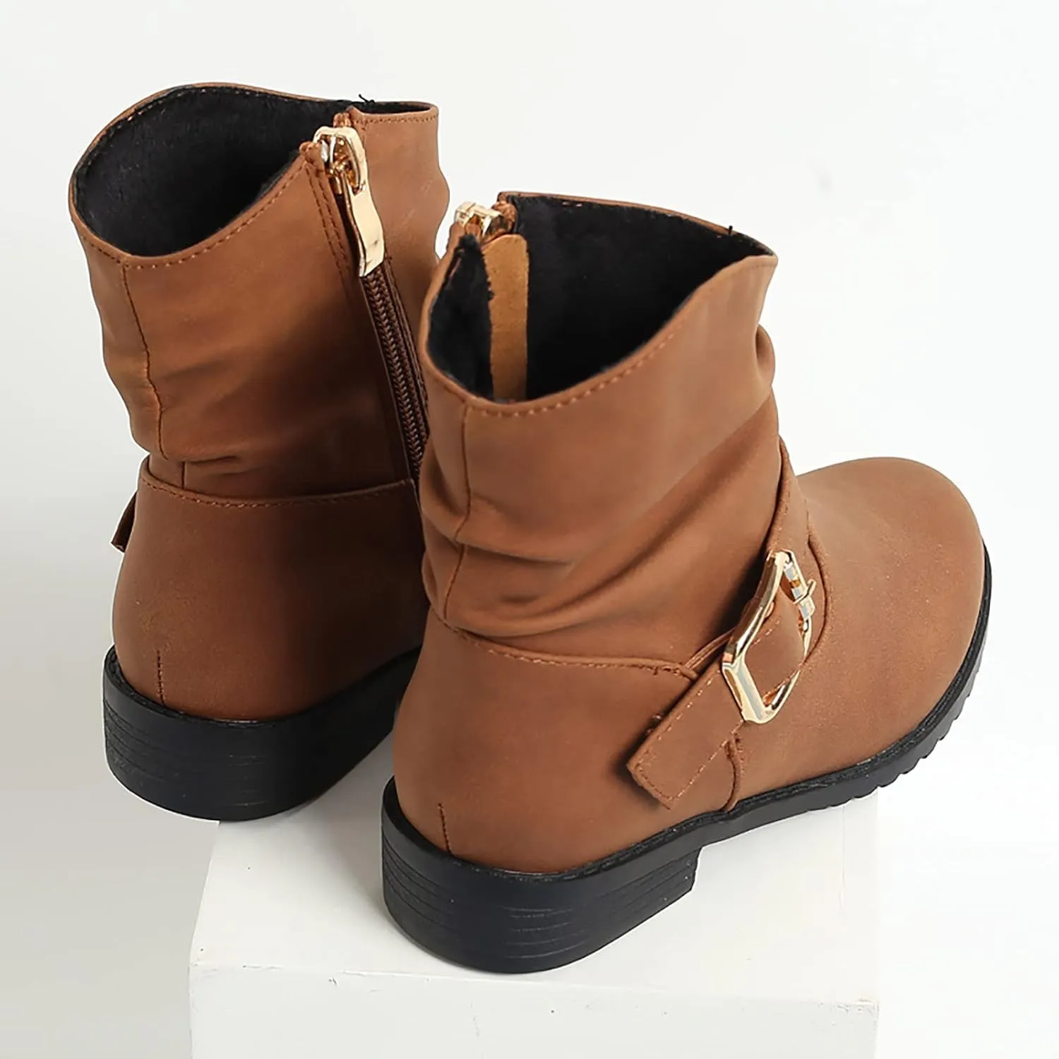 Kids Girls Winter Hiking Boots Side Zip Western Boots Kids Ankle Boots Girls Outdoor Low Heel Riding Booties (Brown, 5-5.5 Years)