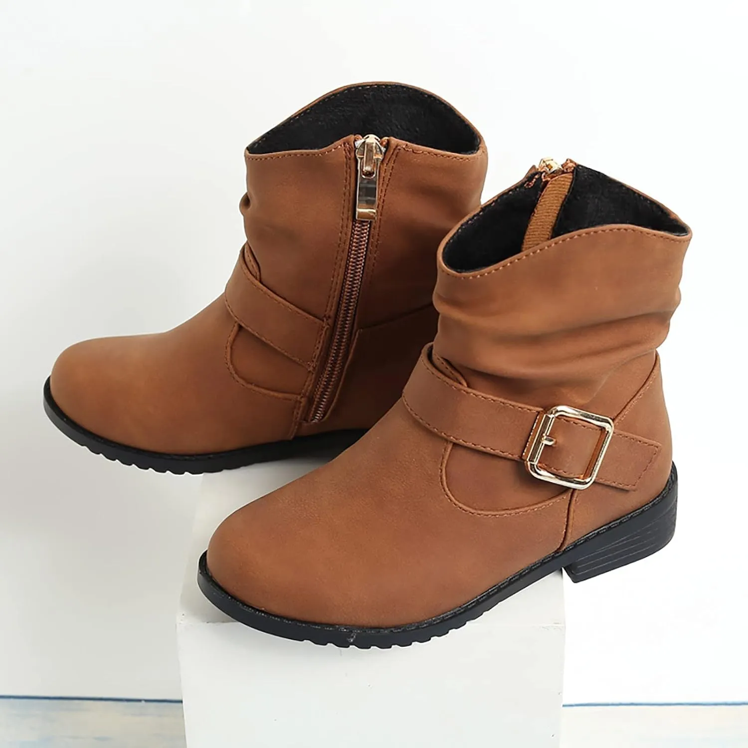 Kids Girls Winter Hiking Boots Side Zip Western Boots Kids Ankle Boots Girls Outdoor Low Heel Riding Booties (Brown, 5-5.5 Years)