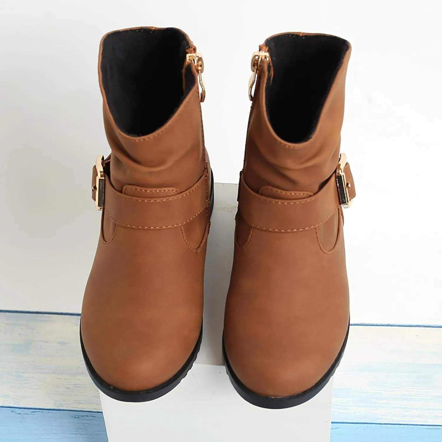 Kids Girls Winter Hiking Boots Side Zip Western Boots Kids Ankle Boots Girls Outdoor Low Heel Riding Booties (Brown, 5-5.5 Years)
