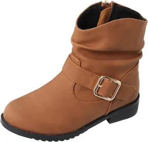Kids Girls Winter Hiking Boots Side Zip Western Boots Kids Ankle Boots Girls Outdoor Low Heel Riding Booties (Brown, 5-5.5 Years)