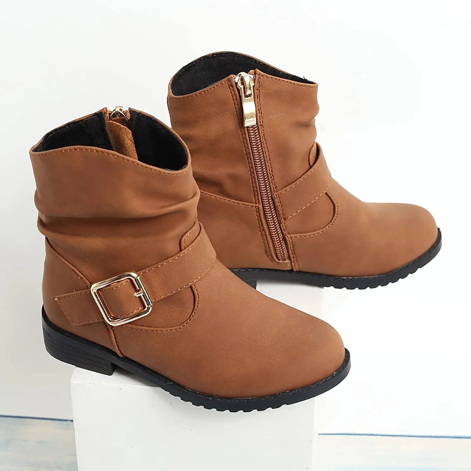 Kids Girls Winter Hiking Boots Side Zip Western Boots Kids Ankle Boots Girls Outdoor Low Heel Riding Booties (Brown, 5-5.5 Years)