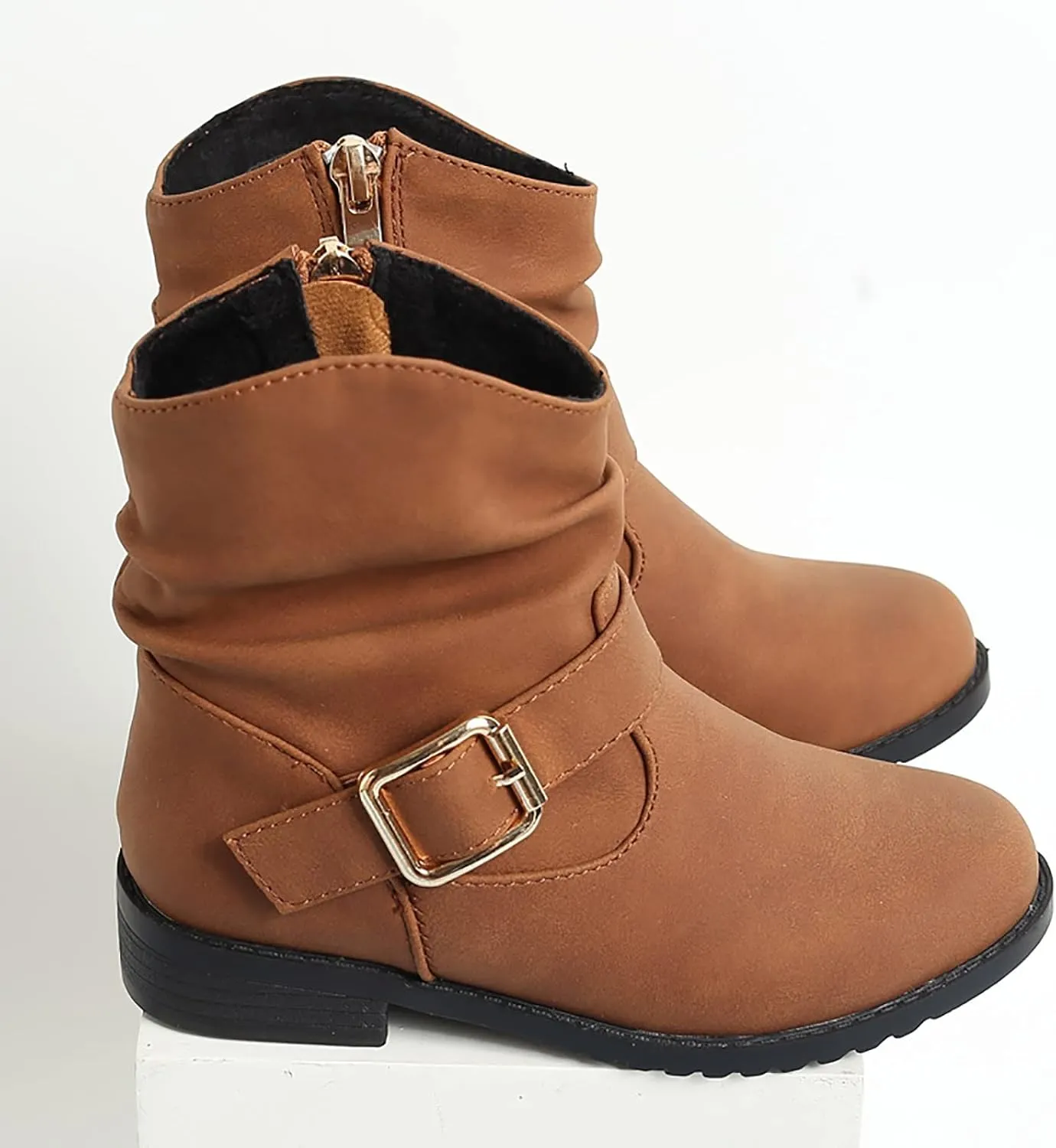 Kids Girls Winter Hiking Boots Side Zip Western Boots Kids Ankle Boots Girls Outdoor Low Heel Riding Booties (Brown, 5-5.5 Years)