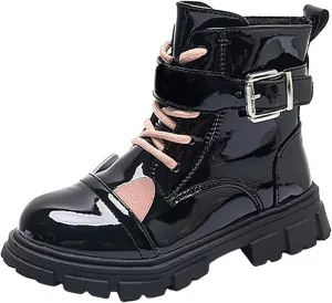 Kids Winter Boots Toddler Girls Combat Ankle Booties Fashion Leather Lace Up Combat Shoes With Zipper Riding Booties