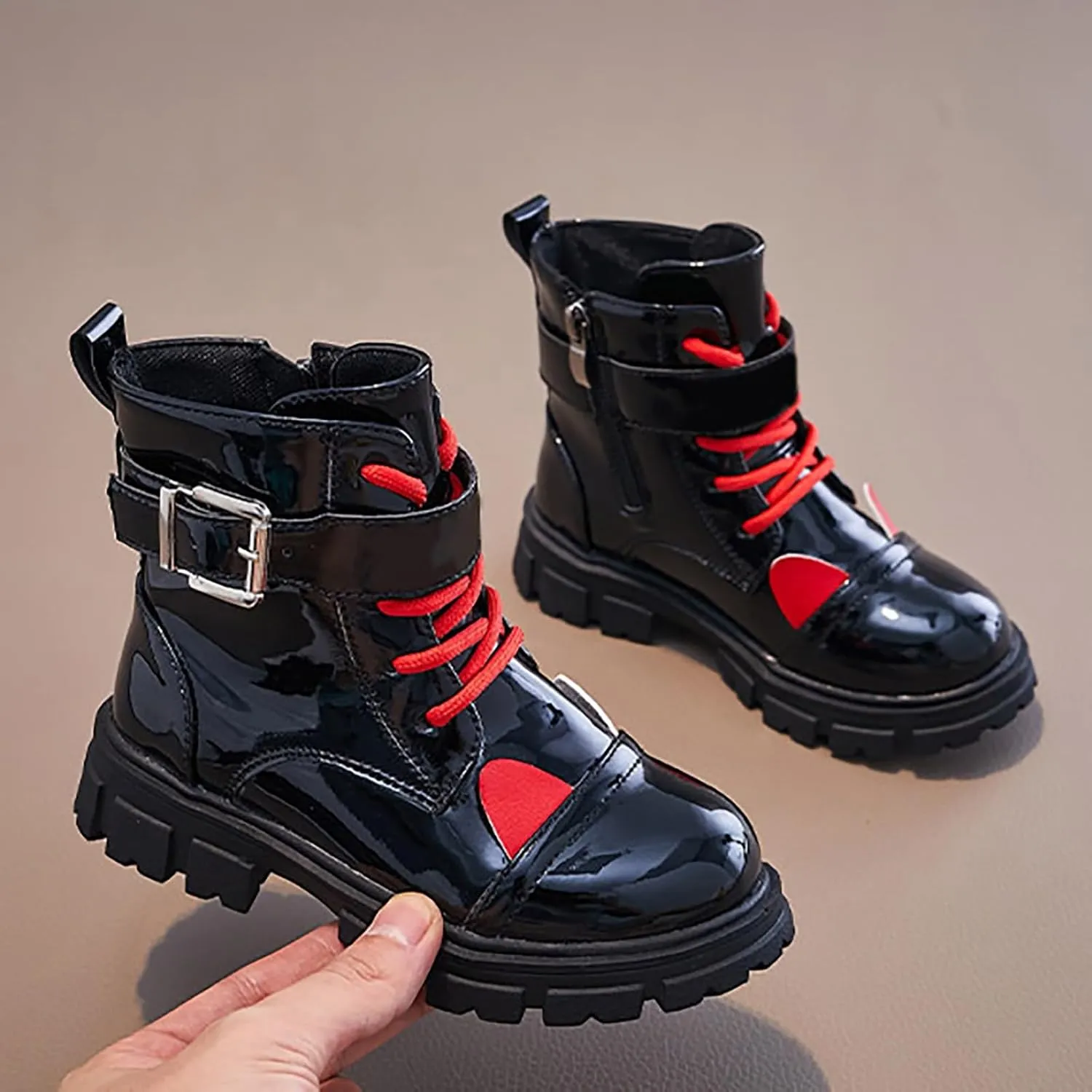 Kids Winter Boots Toddler Girls Combat Ankle Booties Fashion Leather Lace Up Combat Shoes With Zipper Riding Booties