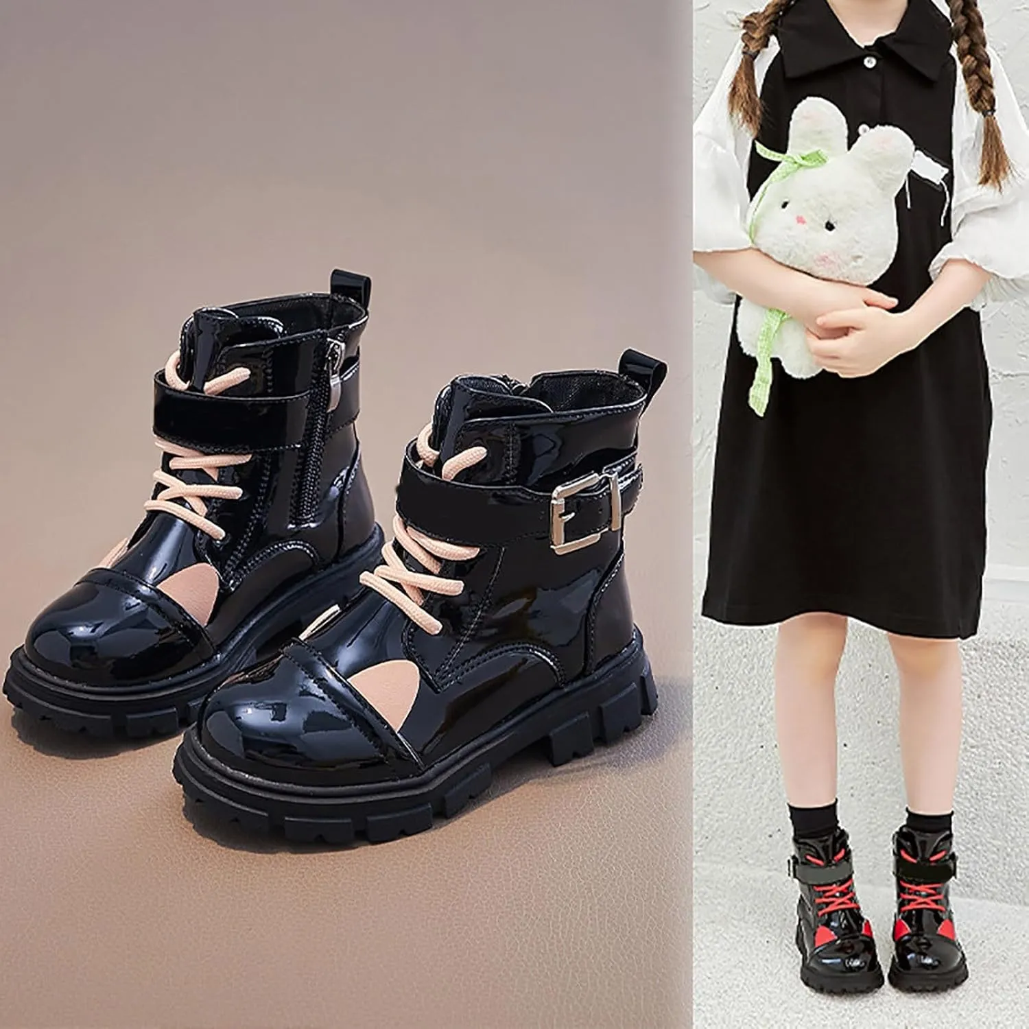 Kids Winter Boots Toddler Girls Combat Ankle Booties Fashion Leather Lace Up Combat Shoes With Zipper Riding Booties