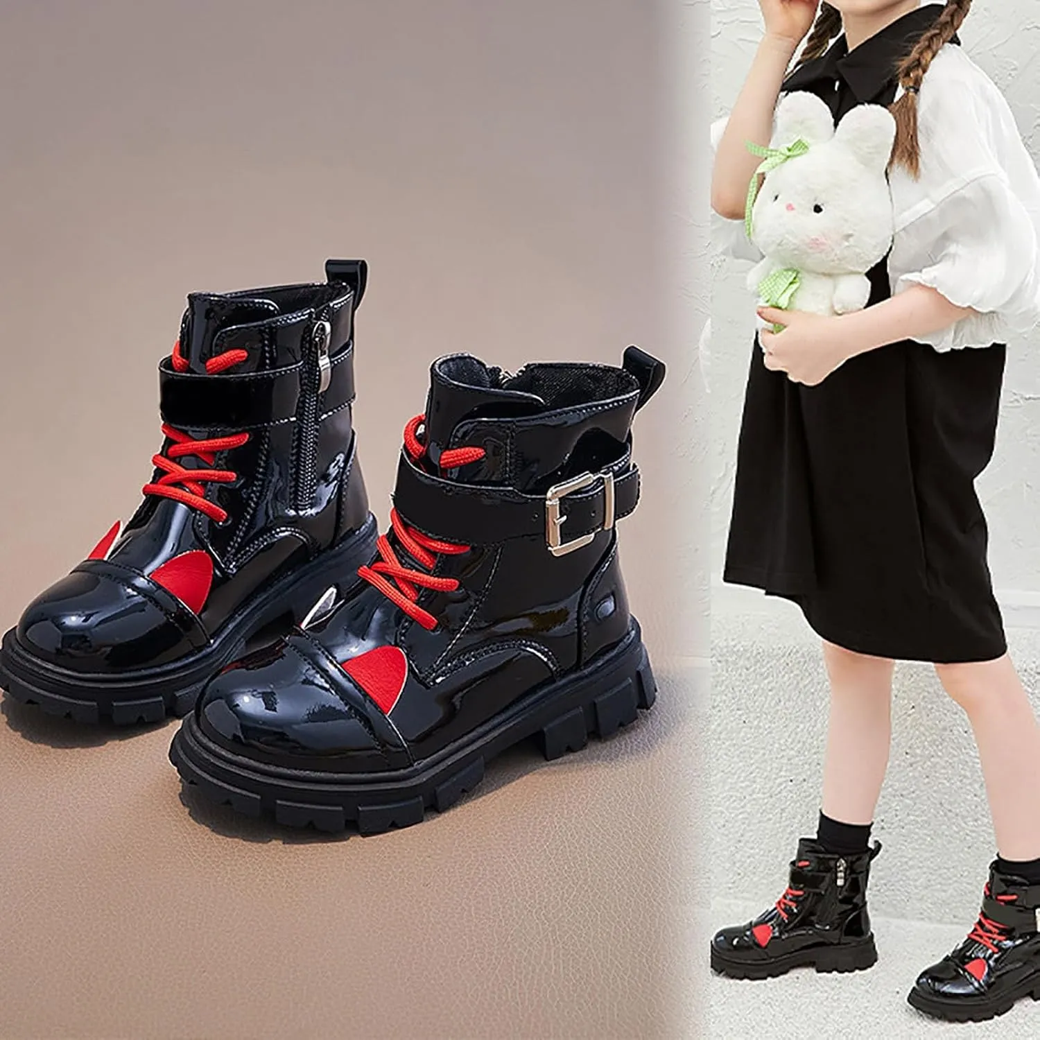 Kids Winter Boots Toddler Girls Combat Ankle Booties Fashion Leather Lace Up Combat Shoes With Zipper Riding Booties