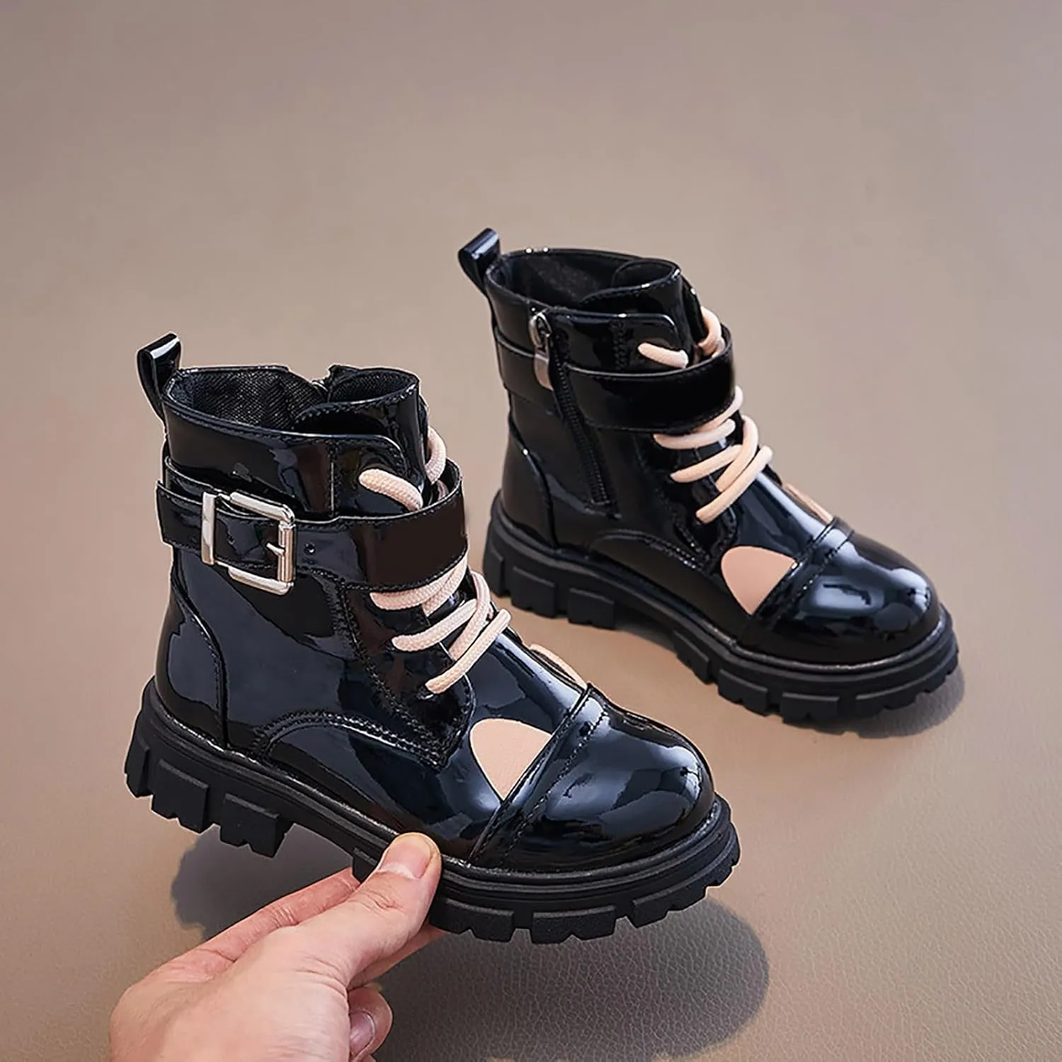 Kids Winter Boots Toddler Girls Combat Ankle Booties Fashion Leather Lace Up Combat Shoes With Zipper Riding Booties