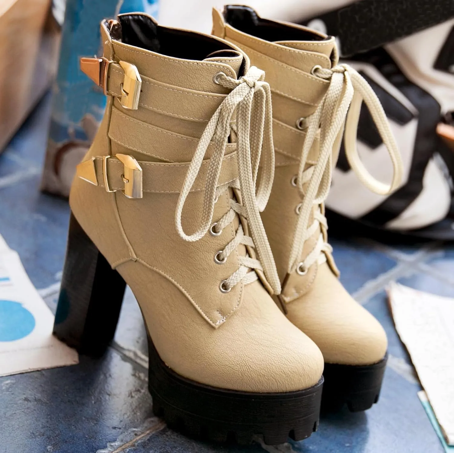 KIKIVIVI Womens Patent Leather Platform Chunky High Heel Lace Up Ankle Boots with Zipper