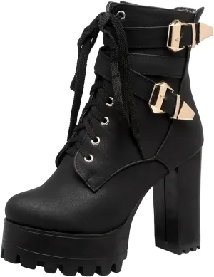 KIKIVIVI Womens Patent Leather Platform Chunky High Heel Lace Up Ankle Boots with Zipper