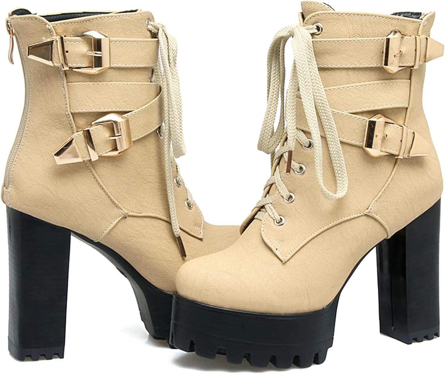 KIKIVIVI Womens Patent Leather Platform Chunky High Heel Lace Up Ankle Boots with Zipper