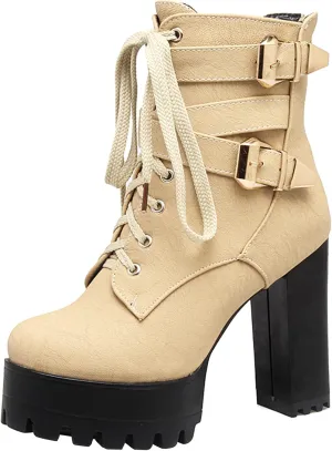 KIKIVIVI Womens Patent Leather Platform Chunky High Heel Lace Up Ankle Boots with Zipper