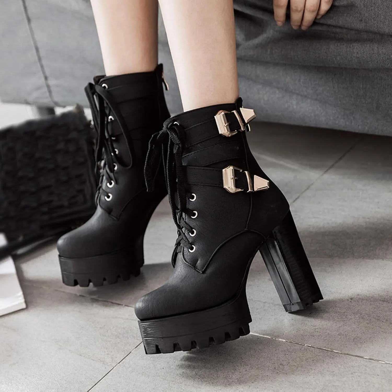 KIKIVIVI Womens Patent Leather Platform Chunky High Heel Lace Up Ankle Boots with Zipper