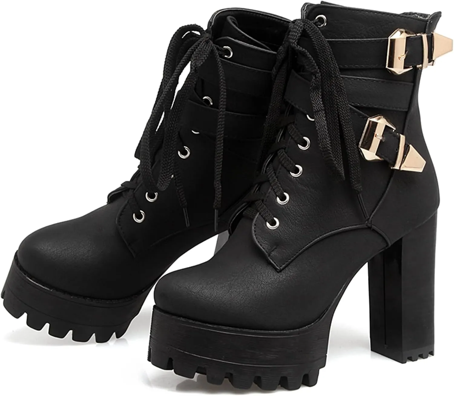 KIKIVIVI Womens Patent Leather Platform Chunky High Heel Lace Up Ankle Boots with Zipper