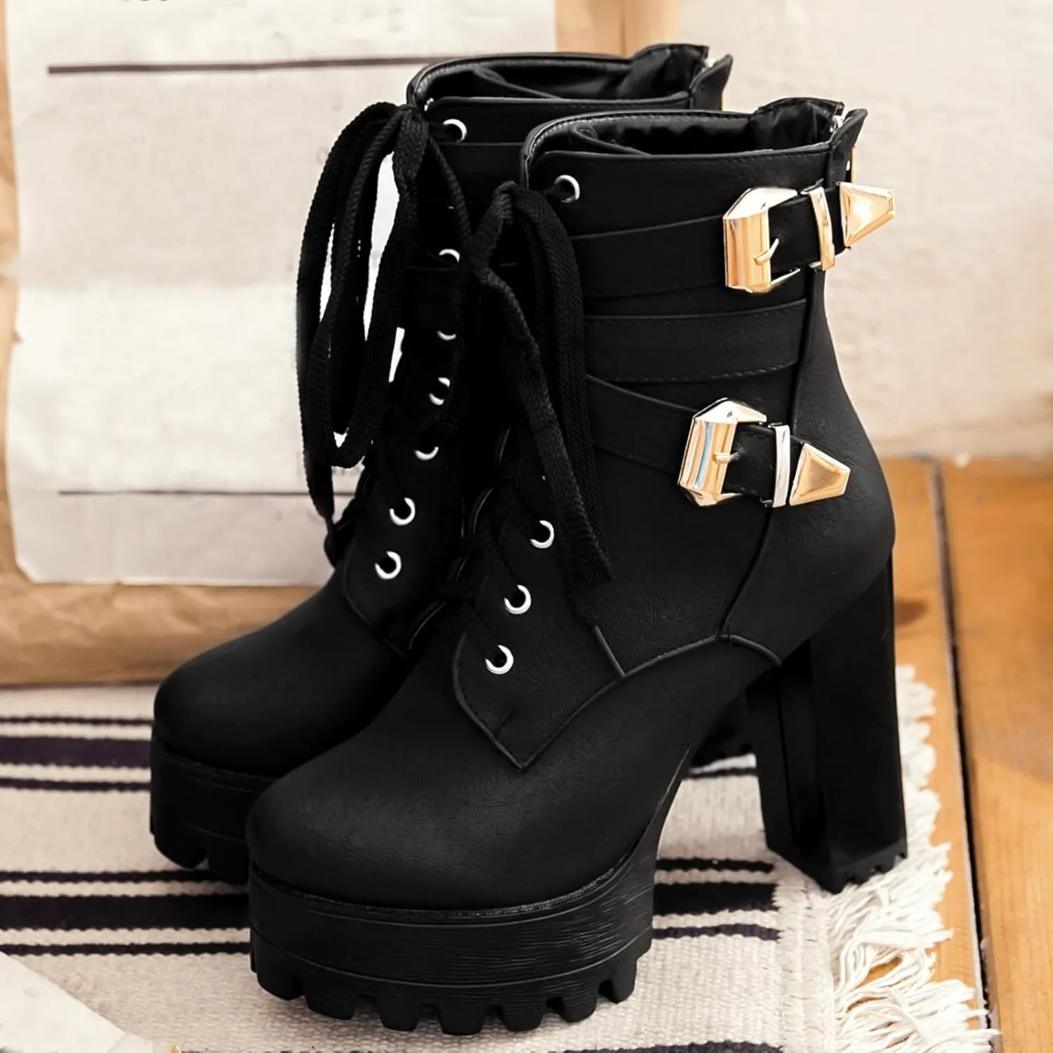 KIKIVIVI Womens Patent Leather Platform Chunky High Heel Lace Up Ankle Boots with Zipper