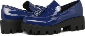 KISSASA Womens Tassel Platform Patent Chunky Heeled Loafers Slip On Uniform Dress Shoes