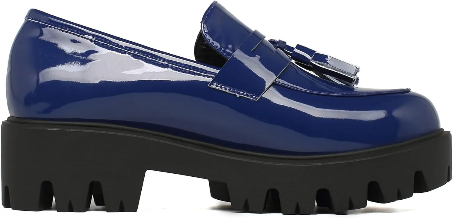 KISSASA Womens Tassel Platform Patent Chunky Heeled Loafers Slip On Uniform Dress Shoes