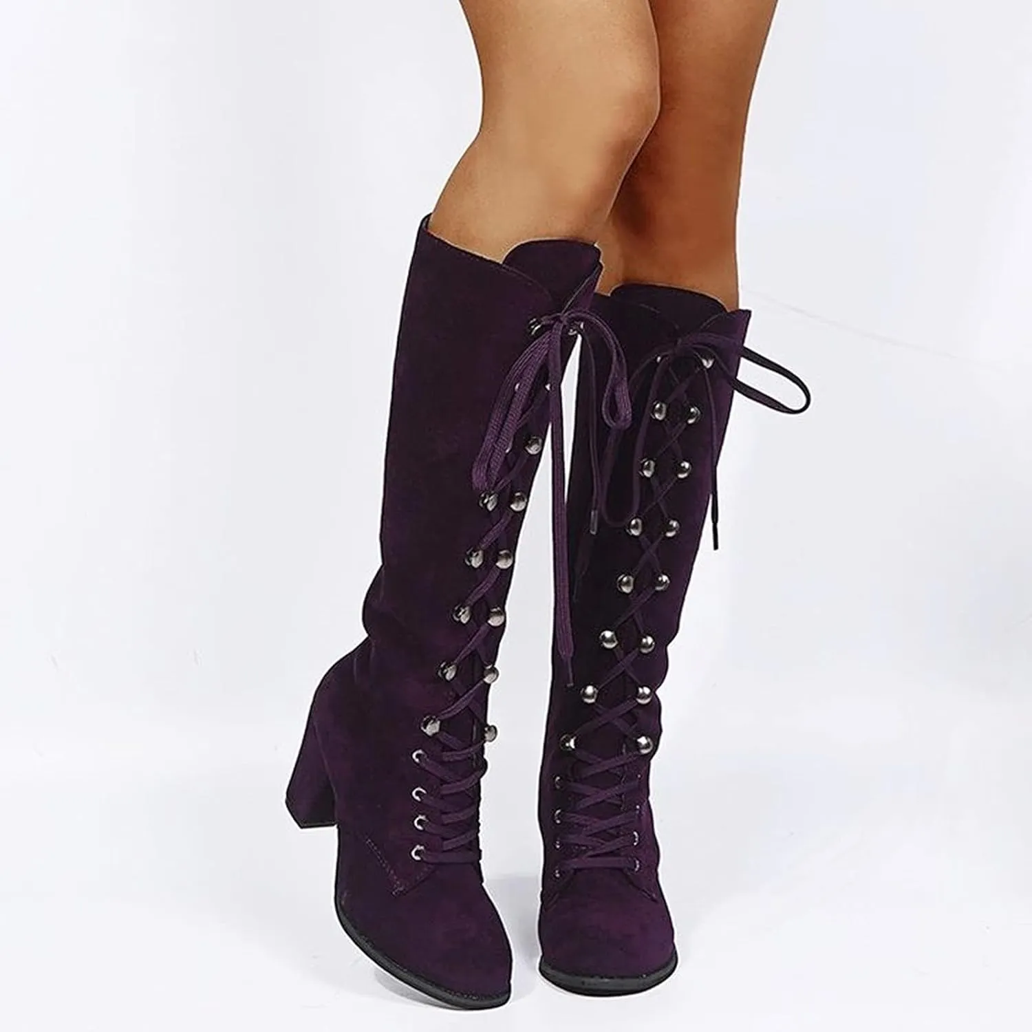Knee High Boots Women Vintage Gothic Mid Calf Height Boots Lace up Thick High Heels Boots Casual Winter Warm Shoes