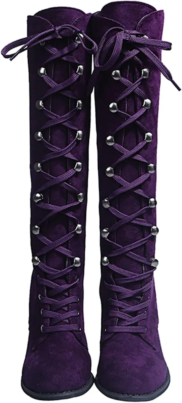 Knee High Boots Women Vintage Gothic Mid Calf Height Boots Lace up Thick High Heels Boots Casual Winter Warm Shoes