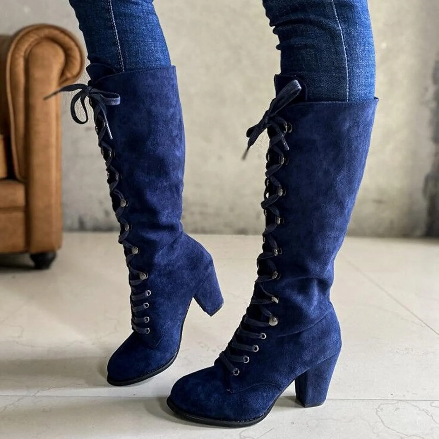 Knee High Boots Women Vintage Gothic Mid Calf Height Boots Lace up Thick High Heels Boots Casual Winter Warm Shoes
