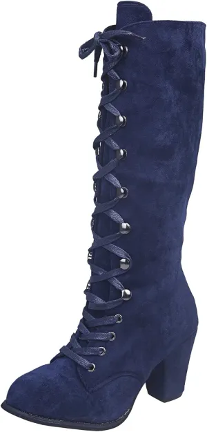 Knee High Boots Women Vintage Gothic Mid Calf Height Boots Lace up Thick High Heels Boots Casual Winter Warm Shoes