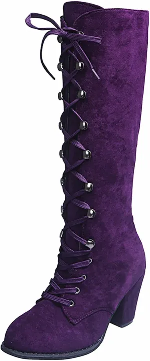 Knee High Boots Women Vintage Gothic Mid Calf Height Boots Lace up Thick High Heels Boots Casual Winter Warm Shoes