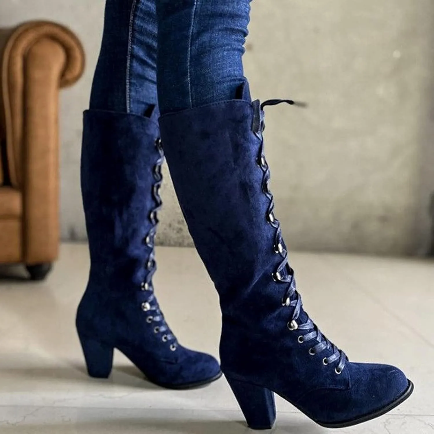 Knee High Boots Women Vintage Gothic Mid Calf Height Boots Lace up Thick High Heels Boots Casual Winter Warm Shoes