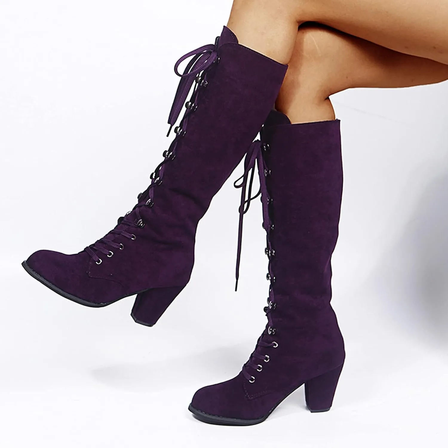 Knee High Boots Women Vintage Gothic Mid Calf Height Boots Lace up Thick High Heels Boots Casual Winter Warm Shoes