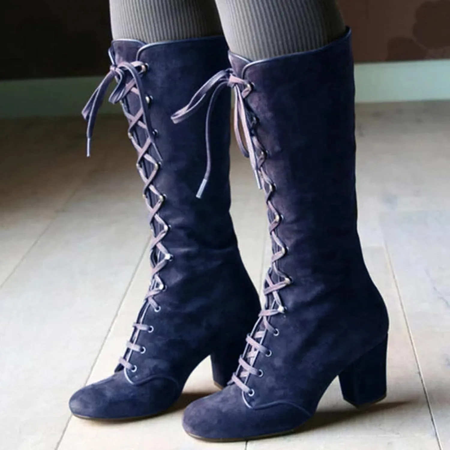 Knee High Boots Women Vintage Gothic Mid Calf Height Boots Lace up Thick High Heels Boots Casual Winter Warm Shoes
