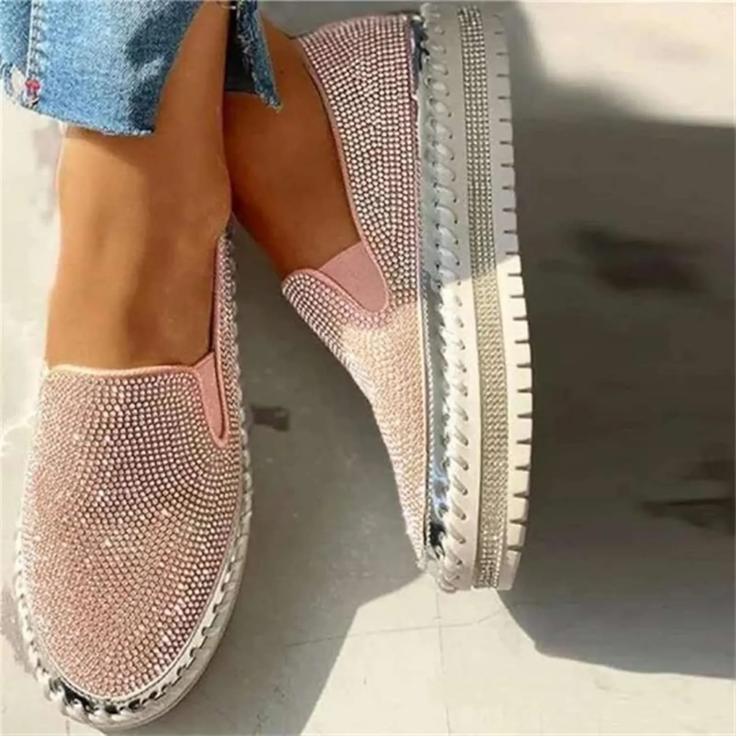 Lausiuoe Glitter Sneakers For Women Wide Width Comfortable Sparkly Rhinestone Walking Shoes Soft Slip On Flat Loafers
